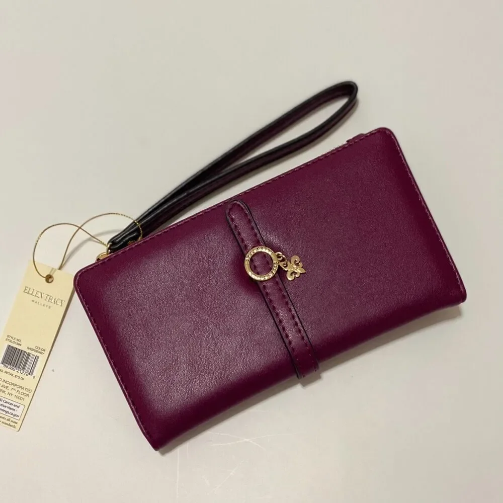 ELLEN TRACY‎ Smooth Vachetta Zippered Bi Fold Wristlet Wallet  Raspberry NWT